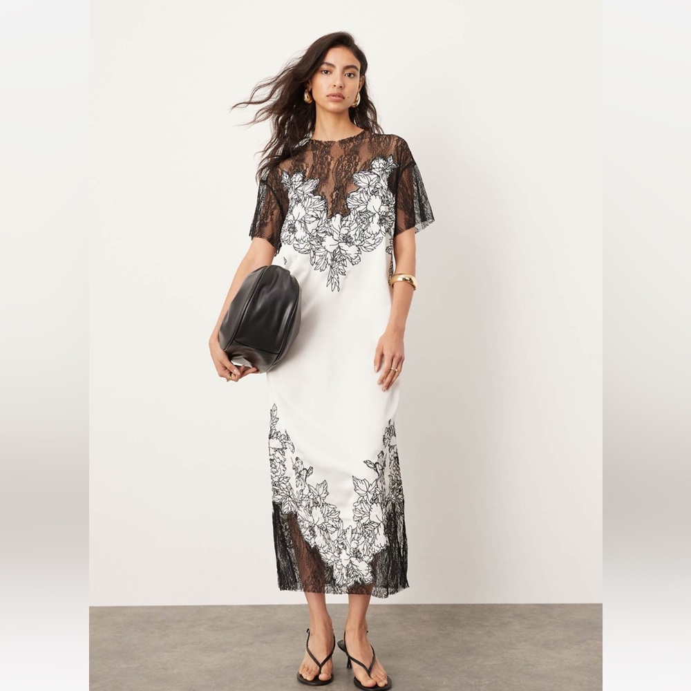ASOS EDITION SATIN AND CONTRAST LACE MIDI DRESS IN WHITE